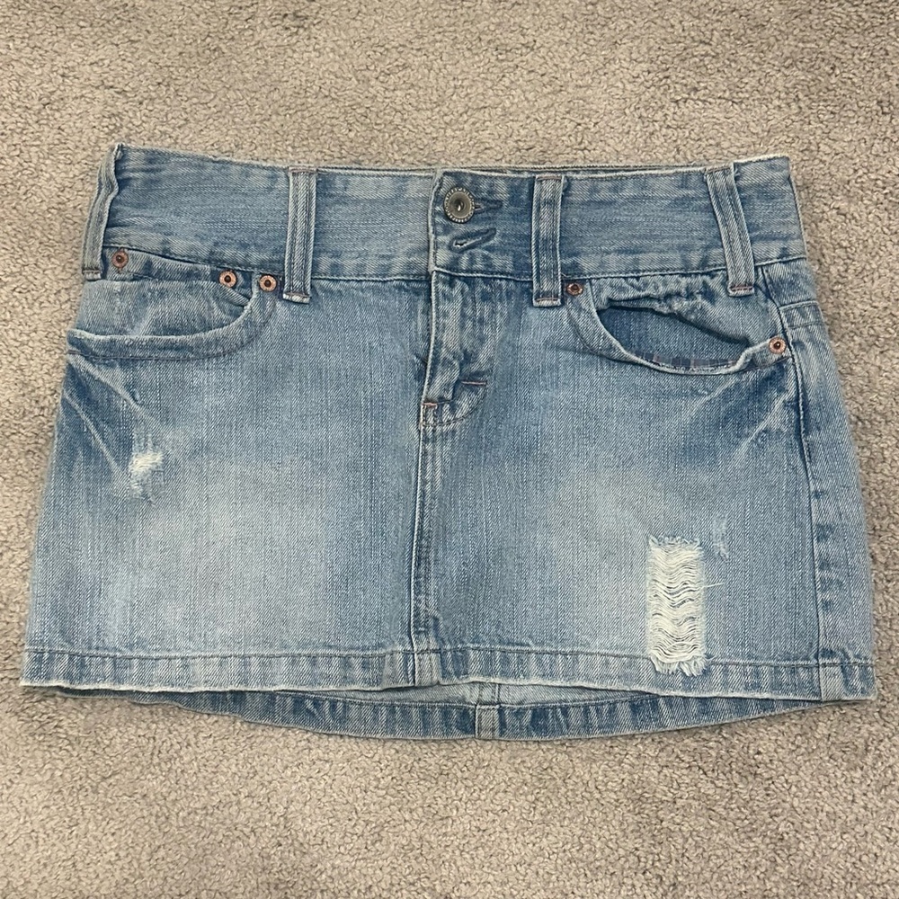 American Eagle Outfitters Light Blue Distressed Denim Mini Skirt